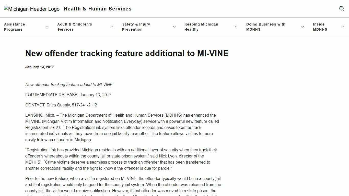 New offender tracking feature additional to MI-VINE